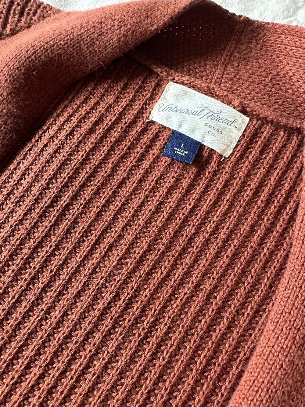 Rust Open-Front Ribbed Women's Cardigan Sweater - Picture 3 of 4